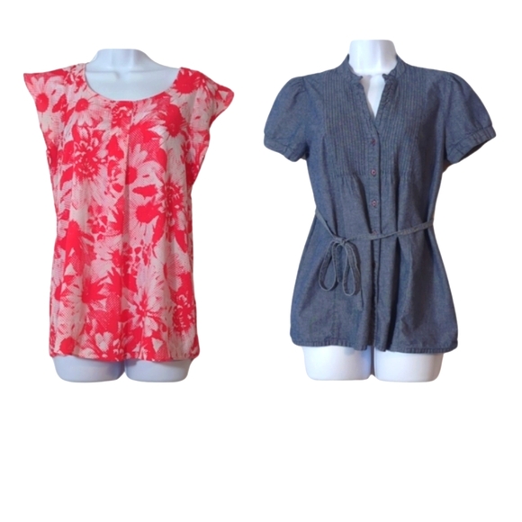2 Piece Motherhood Maternity Small Shortsleeve Summer Shirts Pink Floral & Denim - Picture 1 of 13